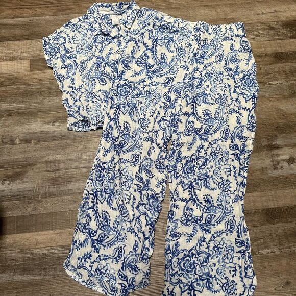 Caroline Constas Set Button Shirt & Slit Leg Pants Blue Floral Size Small - Picture 2 of 11